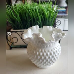 Vintage Fenton Milk Glass Hobnail Vase – Ruffled Edge (6” Dia x 5.25” H)